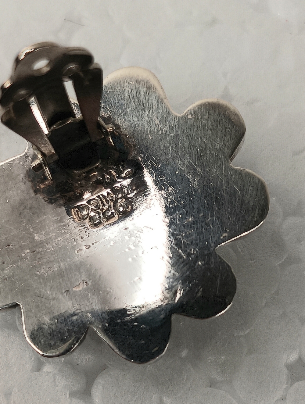 Earrings Clip Vintage Oxidized 925 Mexico Flower Domed Center Stamp TM 48 Taxco - Picture 11 of 12